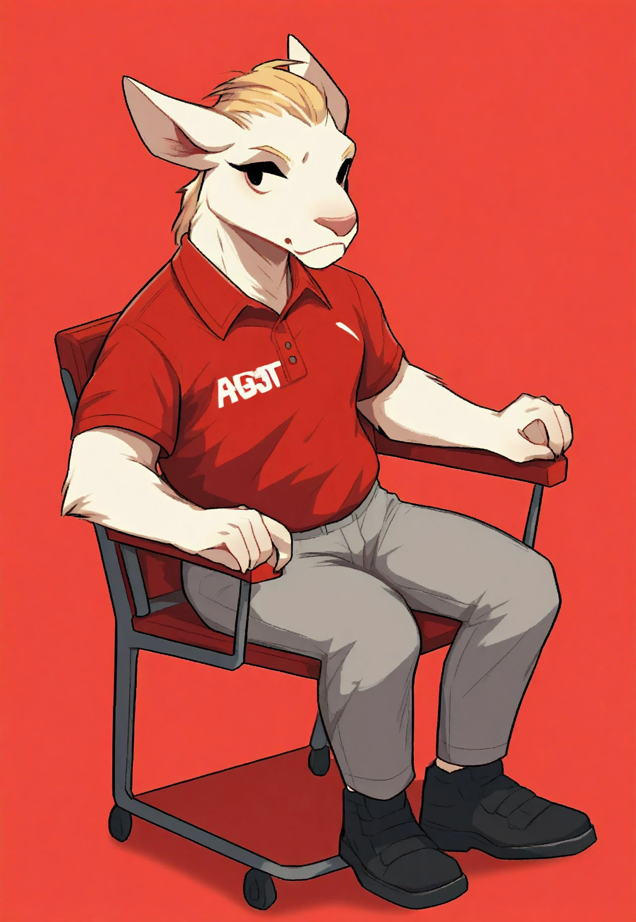 r3dsh1rtd3m0n, A (furry male:1.3) character with (blonde hair:1.2) wearing a (red polo shirt:1.4) and (grey pants:1.3), sitting on a (chair:1.2) against a (vibrant red background:1.3), (full body:1.2) pose, (black footwear:1.2), simple background, showcasing (male focus:1.3) and (casual style:1.2)