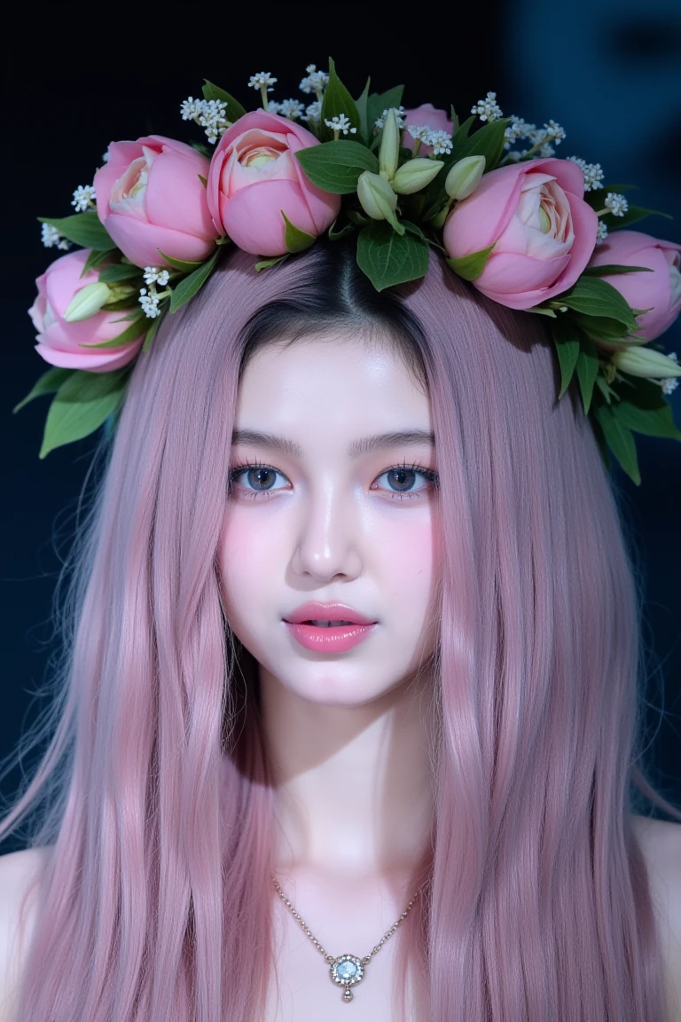 a high-resolution, softly lit photograph featuring a young Asian woman with a delicate, spooky appearance. She has long, wavy hair in a soft pink hue, styled with soft color wreath that frame her face. Her skin is a smooth, pale complexion, and her eyes are a striking feature, with a subtle, shimmery effect that catches the light. Her lips are painted a soft, muted pink, and she wears a delicate, beaded necklace around her neck. The background is a harsh, dimly lit, which helps to emphasize the subject's delicate features and the harsh colors of her hair and accessories. The image is rich in texture and detail, with a focus on the subject's serene and dreamy expression. The overall aesthetic is horrific and scary, evoking a sense of wrath and dominance. The photograph's soft focus and harsh colors create a spooky, ethereal atmosphere, perfect for a fantasy or fairy tale-inspired setting. The subject's delicate features and accessories, such as the floral headpiece, add to the enchanting and otherworldly quality of the image. The style is reminiscent of high-fashion photography, with a focus on delicate, feminine beauty.  <lora:Tissue_Danielle_Flux_v1.1-LowRep:1>