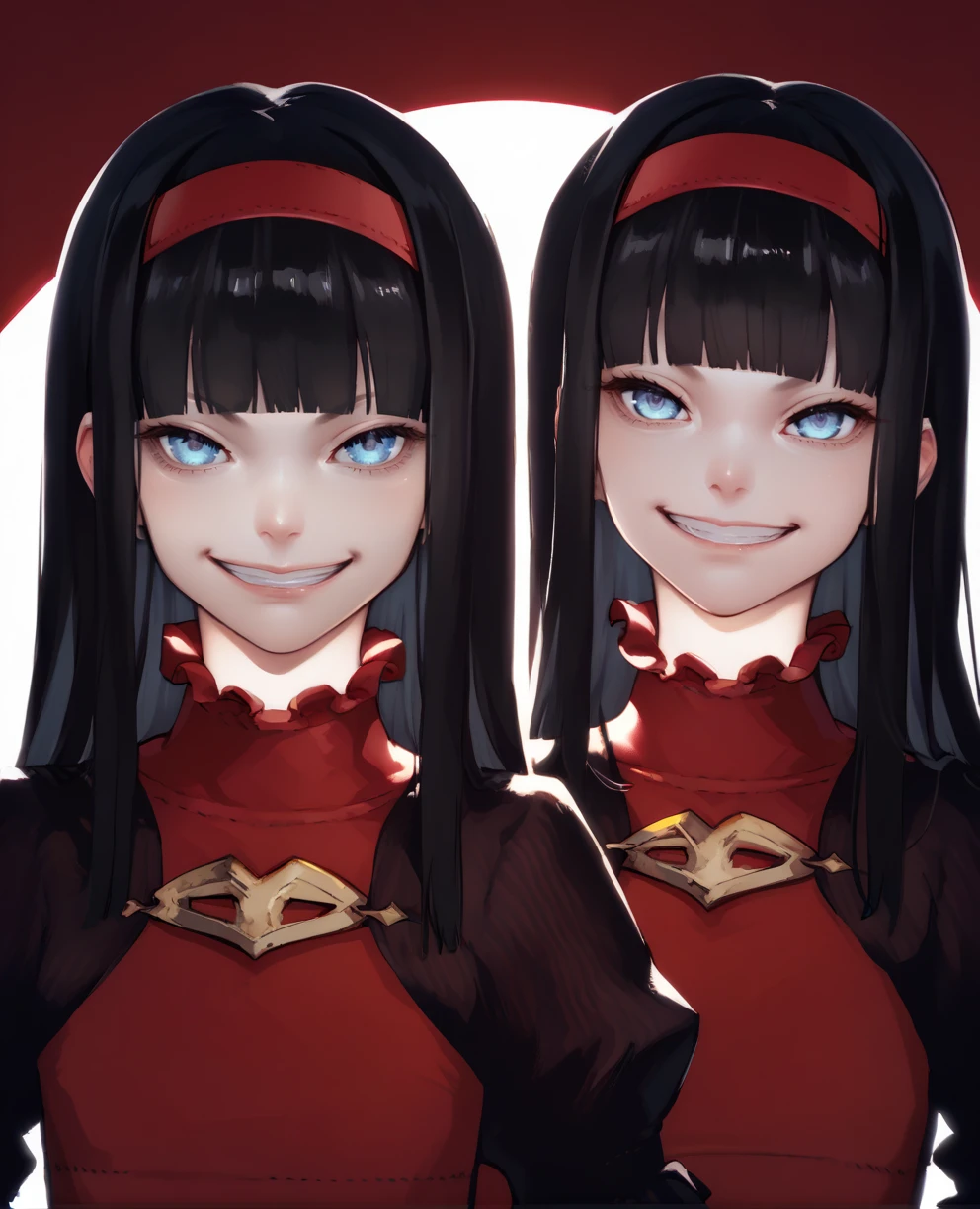 score_9,score_8_up,
n2rdgxl,blue eyes,black hair,blunt bangs,
red dress,puffy sleeves,red hairband,
looking at viewer,2girls,twins,grin,
standing,solo,upper body,
void,red lighting,
<lora:N2RedGxl:1>,