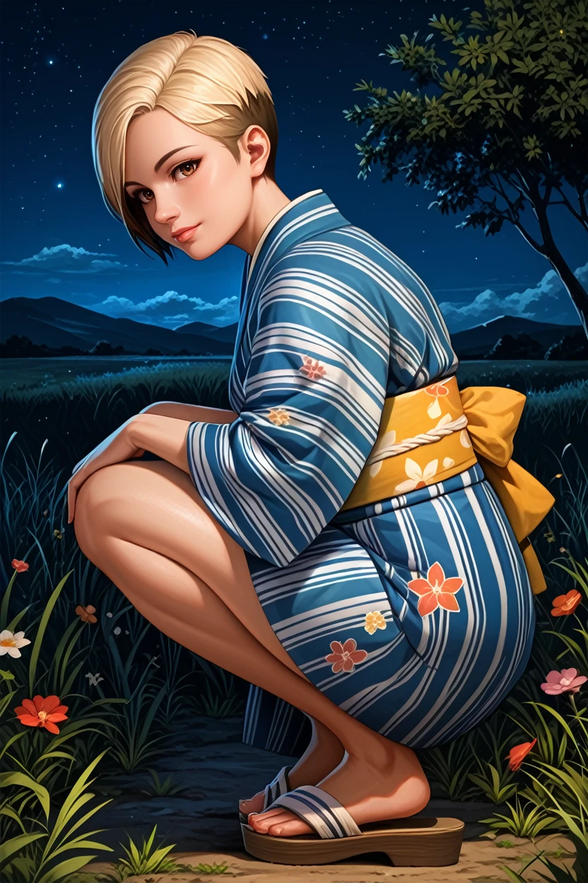 score_9, score_8_up, score_7_up,
<lora:MEACora:0.8>
MEACora, 1girl, blonde hair, multicolored hair, brown eyes, short hair, looking at viewer, night, grass, squatting, yukata, japanese clothes, floral print, obi, from side, looking at viewer, sandals, star \(sky\)