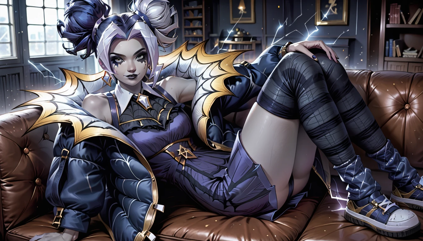 score_9, score_8_up, score_7_up, (solo, 1girl), (absurdres, ,highres), (masterpiece, best quality), (perfect details, highest detailed, extreme detailed),
, (prestige fright night zeri, thighhighs with socks, cell shading, (grey skin:1.5), short dress, jacket, earrings, smile), lying on couch, (electricity:1.5)