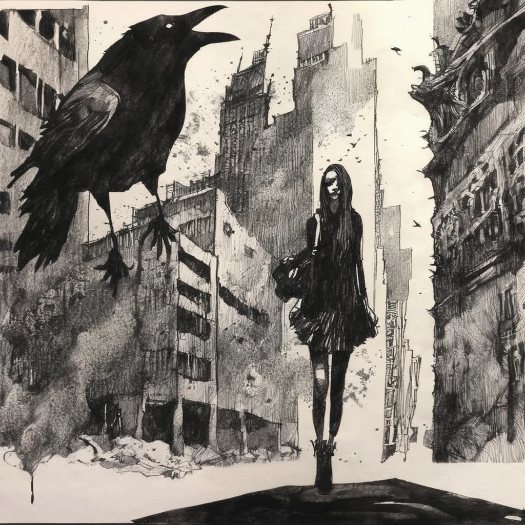 drawix20 girl and raven in city, very detailed, black ink <lora:drawix20:1>