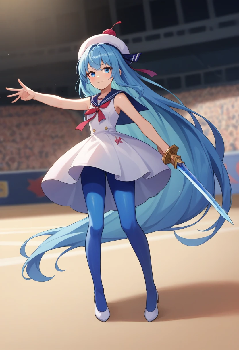 score_9, score_8_up, score_7_up, score_6_up, score_5_up, BREAK
creamsoda, female, 1girl, solo, long hair, looking at viewer, smile, blue eyes, arena, hat, dress, holding, very long hair, blue hair, full body, weapon, (blue pantyhose), sword, sailor collar, holding weapon, blush stickers, holding sword, absurdly long hair, liquid hair, battle pose