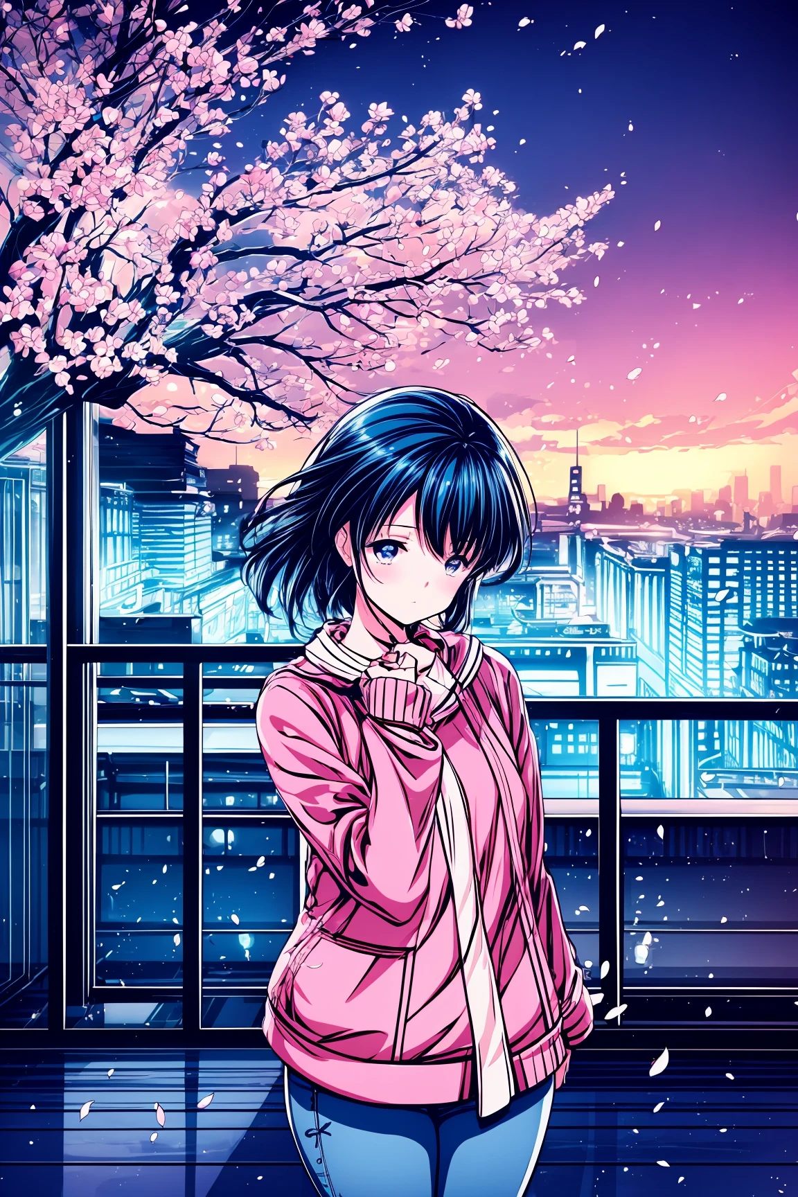 A captivating retro anime scene set in a bustling 90s-inspired cityscape at twilight. An anime girl stands confidently on a rooftop, gazing out over the glittering city below. She wears a vibrant oversized jacket adorned with bold geometric patterns and high-waisted jeans, embodying the quintessential 90s fashion. Her hair is a cascade of colorful layersâdeep purple, electric blue, and bright pinkâflowing dramatically in the wind, catching the last rays of the setting sun.
The sky above is a swirling masterpiece of oranges and purples, blending seamlessly into a canvas of soft pastels, illuminated by neon signs flickering in the distance. The buildings are decorated with intricate details, featuring retro designs reminiscent of classic anime films. In the foreground, whimsical cherry blossom petals drift through the air, creating a dreamy atmosphere as they catch the warm light. The overall composition exudes a sense of freedom and adventure, with the girl's expression filled with determination and hope, capturing the essence of youth and nostalgia in a beautifully artistic way.