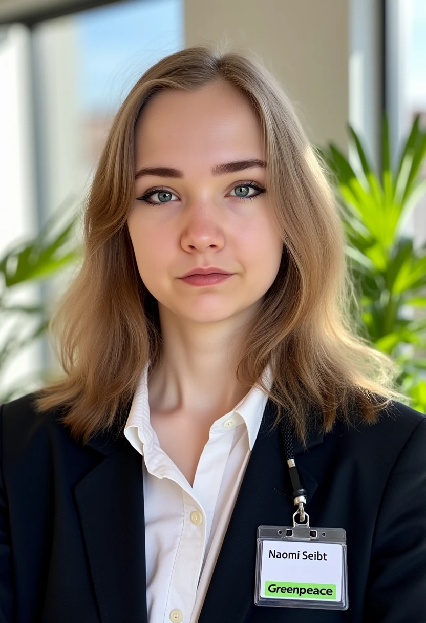 A portrait photo of naomiseibt, a small and slim young woman. She is looking straight at the viewer with a serious expression on her face. Her eyebrows are drawn down. Her mouth is closed, her lips are pressed together. She is wearing a professional white shirt and a black business suit. A simple ID badge with black bold text name "Naomi Seibt" and green "Greenpeace" logo beneath is clipped to the suit jacket. The background is blurry and shows a modern office with house plants. Sunlight is shining through large windows.