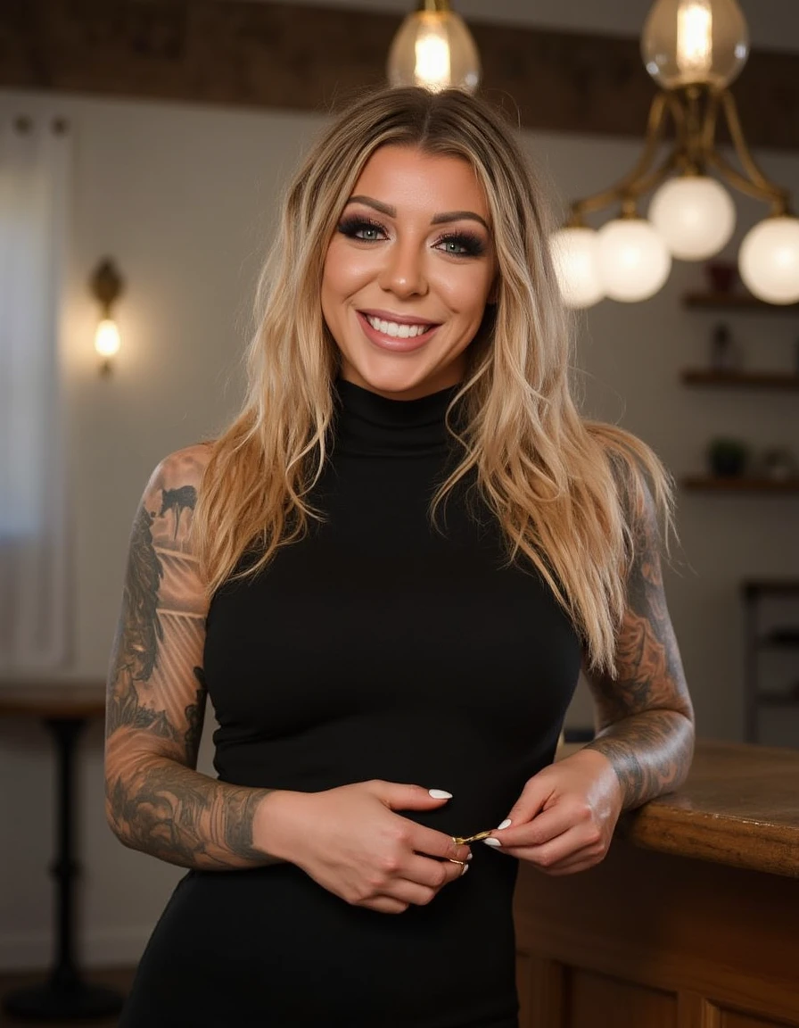 <lora:Karma_RX_Flux:1> beautiful detailed photograph, blonde hair cascading, wearing a formfitting turtleneck dress, tattoos, standing in cafe looking at the viewer, smiling