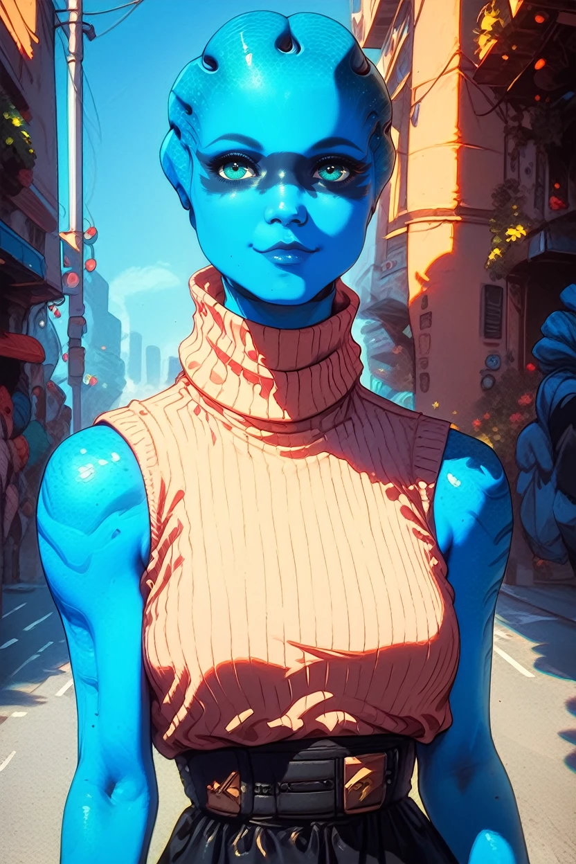 score_9, score_8_up, score_7_up,
<lora:MEAPeebee:0.8>
MEAPeebee, 1girl, blue skin, blue eyes, face paint, alien, looking at viewer, street, standing, cowboy shot, bare arms, turtleneck, ribbed sweater, sweater dress, sleeveless, smile