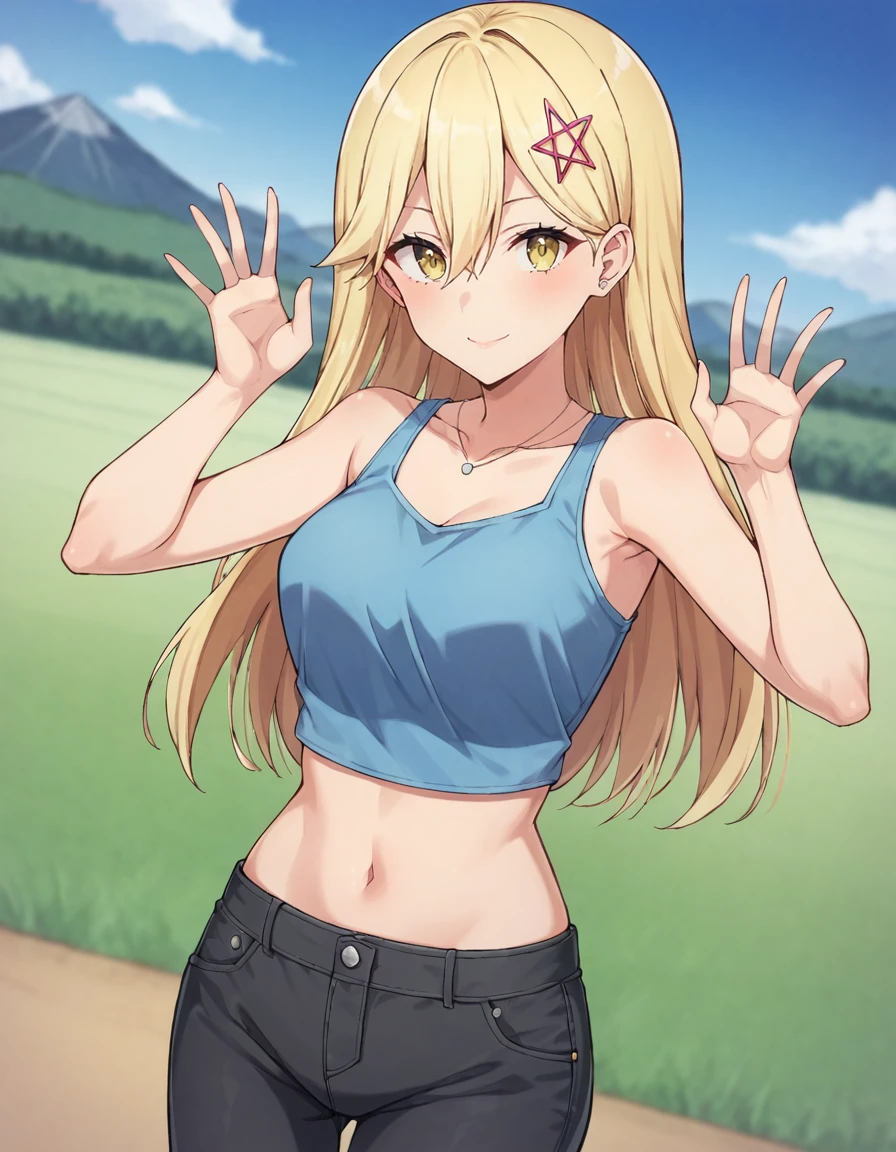 score_9, score_8_up, score_7_up, source_anime, cute face, BREAK
1girl, solo, blurry background, dutch angle, outdoors, scenery, outskirts, mount fuji, blue sky, mountain, small house, field, light smile, looking at viewer, random pose, random expressions,
aria kisaki, blonde hair, long hair, hair between eyes, gold eyes,
blue tank top, bare shoulders, cowboy shot, short pants, black pants, midriff,
<lora:aria_kisaki_anime_v2-soralz:0.9>