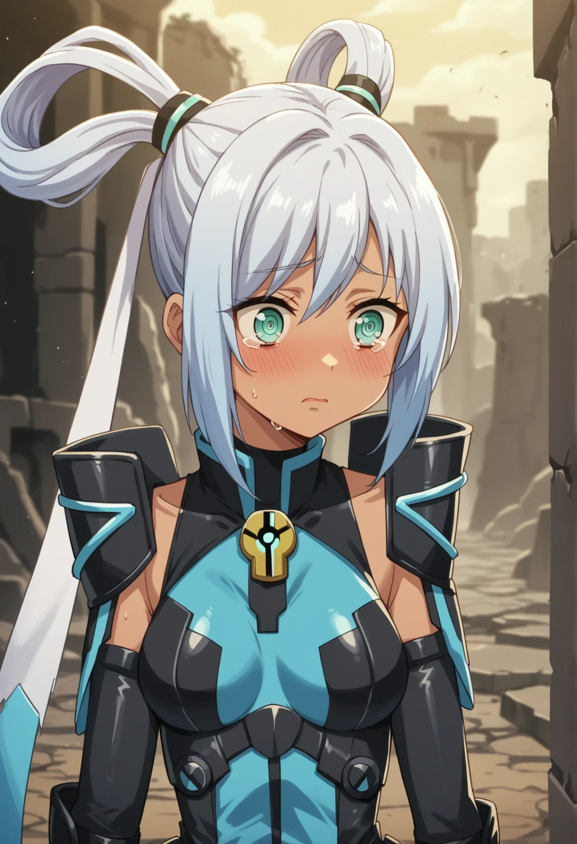 1girl, solo, dark skin, white hair, aqua eyes, hair rings, hair ribbon, symbol-shaped pupils, detached sleeves, fingerless gloves, blue leotard, torn thighhighs, medium breasts, armored bodysuit, post-apocalypse, ruins, surprised, sad, blush, tear, close-up, worried, sweat <lora:Lievre_fatal_bullet_pony:1> anime screencap, score_9, score_8_up, score_7_up, score_6_up, score_5_up, score_4_up, BREAK source_anime, masterpiece