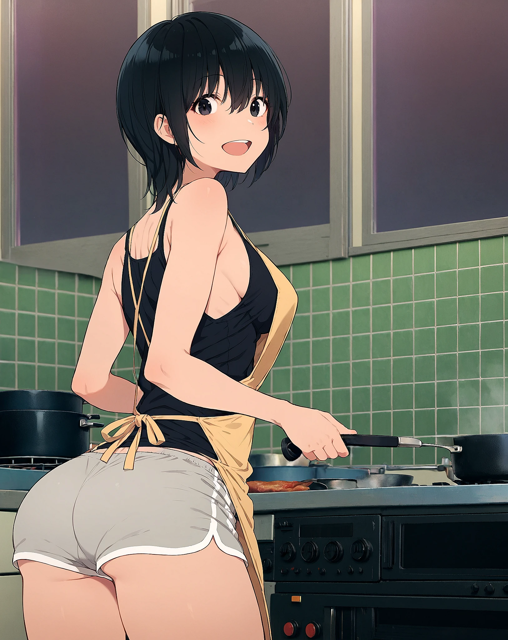 score_9, score_8_up, score_7_up, anime_style, 2D, Kyoko, 1girl, solo, short hair, breasts, looking at viewer, smile, open mouth, bangs, black hair, holding, hair between eyes, bare shoulders, medium breasts, standing, ass, cowboy shot, shorts, looking back, indoors, from behind, black eyes, apron, short shorts, tank top, white shorts, grey shorts, cooking, ladle, tile wall, kitchen, dolphin shorts