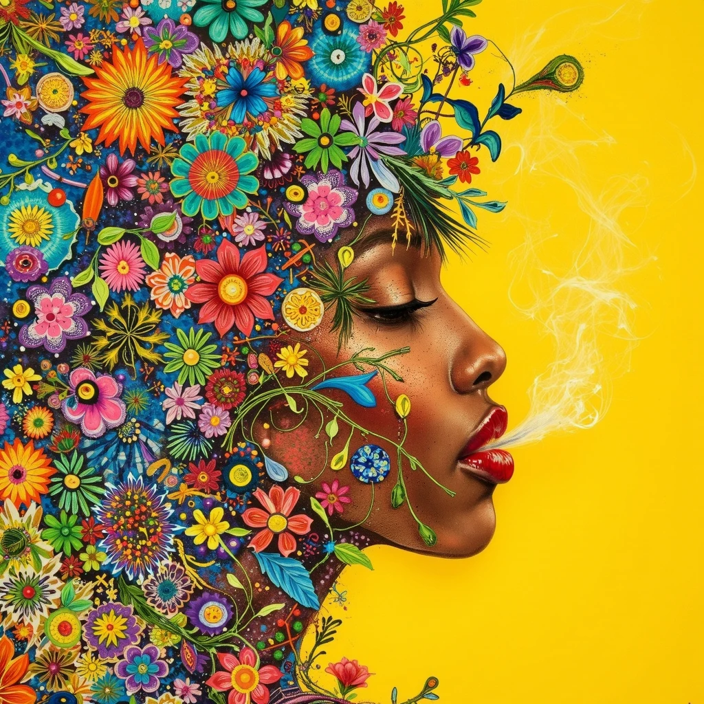 dcho, side view womans face eyes closed lipstick exhaling smoke covered in intricate colors and patterns, yellow background