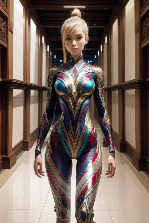 (high quality), (masterpiece), (detailed), 8K, Hyper-realistic painting of a young Indonesian woman wearing a futuristic suit that blends traditional patterns and vibrant colors, showcasing the rich heritage of Indonesia. She stands confidently in a dynamic pose, her detailed eyes reflecting determination and curiosity. The suit's material is a combination of traditional textiles and futuristic synthetic fabrics, giving it a unique and avant-garde appearance. Physically-based rendering techniques create realistic lighting and shadows, while the vivid colors capture the essence of Indonesian cultural aesthetics. The background features a fusion of modern architecture and traditional elements, creating a harmonious blend of the past and the future. This artwork explores the intersection of Indonesian culture, futuristic design, and the artistic representation of a confident girl.