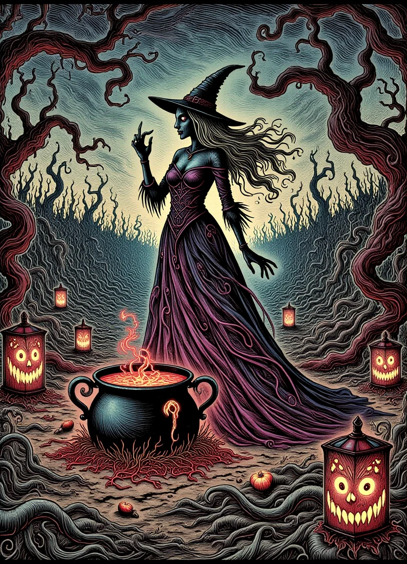 A spooky and mysterious image!   DonM5 by 55pr1n7fx supernatural horror zombie prom queen in a witches' lair with a witches' cauldron brewing a bubbling soup of glowing lanterns surrounded by an ephemeral glow amidst the twisting paths of a corn maze at twilight, with witch's cackle echoing through the darkness