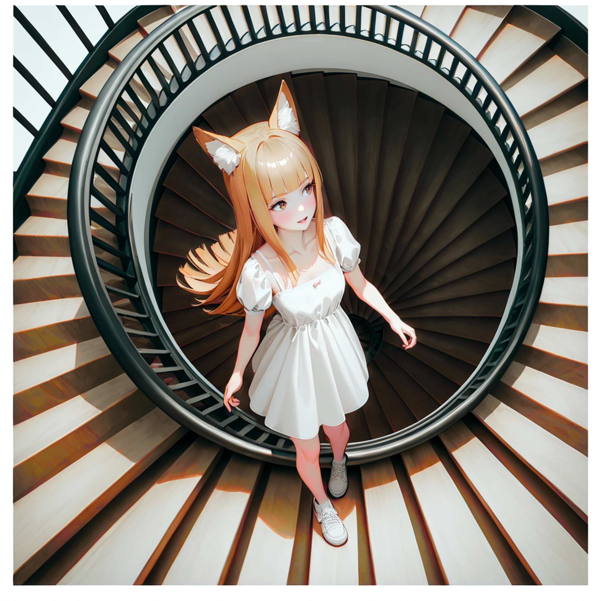 1girl,close-up,solo,walking on stairs,straight hair, long hair, [ginger:blonde:0.2] hair, hime cut,brown eyes, fox ears, blunt bangs, short bangs, white simple sundress,puffy sleeves,skinny, small breasts, white socks,white shoes,looking afar, (jitome:0.2)
(from side:1.2)
masterpiece, best quality, very aesthetic, absurdres, outline , border,
[realistic,3d::0.1]
<lora:Spiral_staircase:0:0.8:lbw=ALL:stop=10>,(spiral staircase:1.2), <lora:DobunezuMix-Pony:0:0.8:lbw=ALL:stop=5>,<lora:Fixhands_anime_bdsqlsz_V1:1> 
zPDXL2