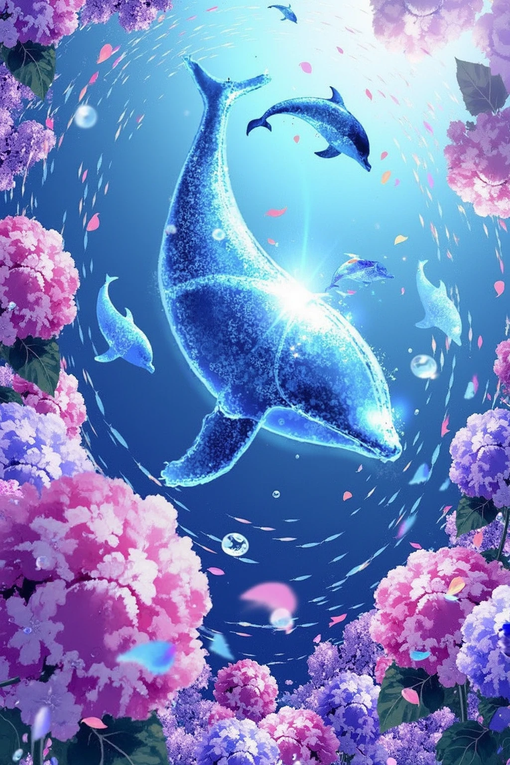 blooming hydrangea flowers, gradient-filled sky transitioning from deep blue at the top to a lighter, almost white at the bottom, creating a serene and dreamlike atmosphere. The dolphins, glowing blue whale swimming through a whimsical, as if interacting with the fantastical elements around her., shaped like a stylized, otherworldly atmosphere. The central focus is a glowing, fluffy appearance.  Several elements are scattered throughout the image
,  <lora:makinaflux_bluedream_v1.0:1>