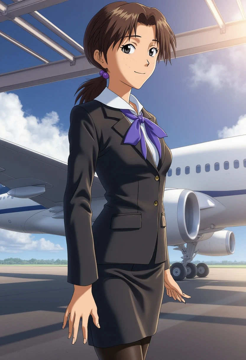 A detailed solo portrait of horaki hikari
Anime style, sharp, high contrast and highly detailed.,
<lora:evangelion_horaki_hikari_512_flux_v2_2-000020:1>,
She is standing in a futuristic airport, with sunshine, blue sky and white cloud in the background. She wears a sleek and professional airline attendant uniform inspired by Japanese aesthetics, similar to the uniforms of ANA (All Nippon Airways). The uniform should consist of a tailored black jacket with a subtle sheen, featuring a structured, fitted design with long sleeves and a single-button closure. Beneath the jacket, the attendant wears a light blue collared shirt, neatly tucked into a matching knee-length pencil skirt. Around the neck is a silk scarf in a vibrant, bold color such as purple or blue, tied elegantly to add a touch of flair and sophistication. The outfit is complemented by sheer black tights and polished black dress shoes with low heels, designed for both style and comfort. She looks mature, gentle and elegant. She is looking at the viewer with a beautiful smile.