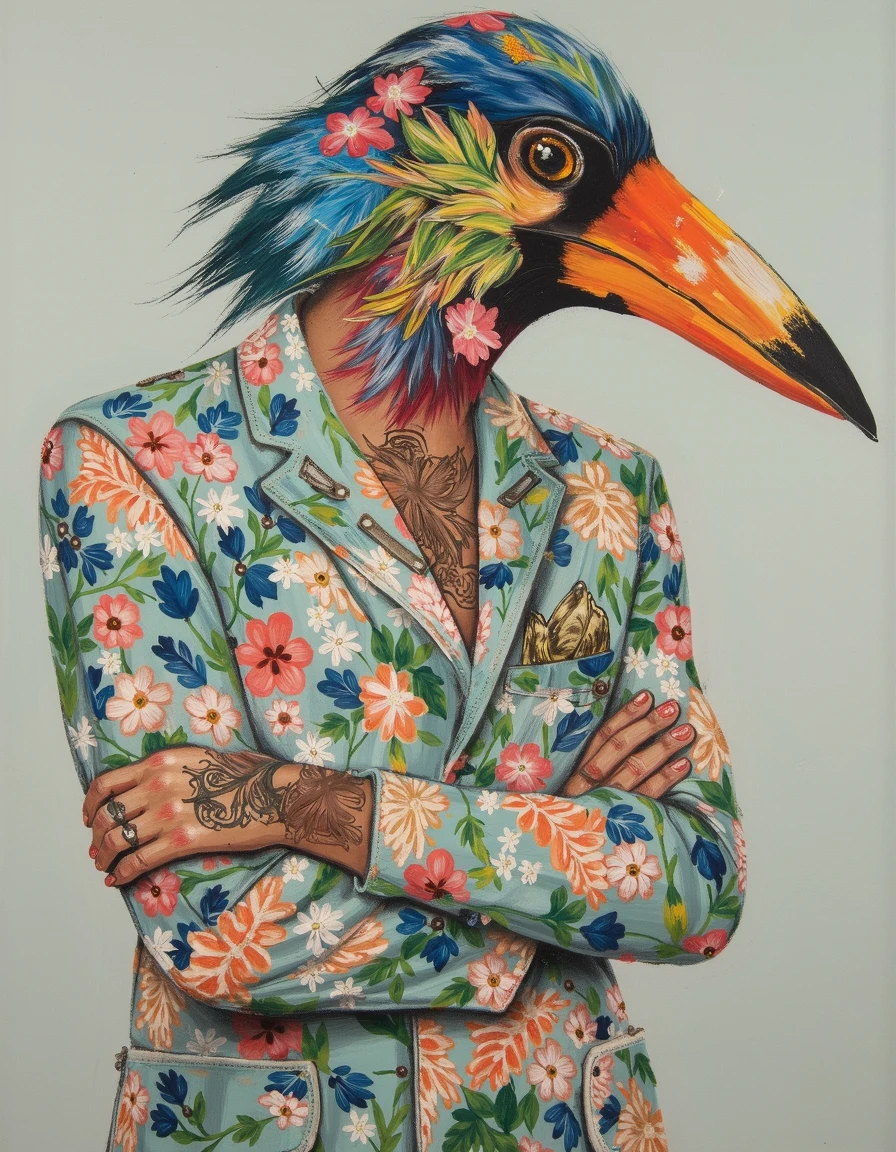 dcho, portrait of a person wearing floral painted clothing with a painted bird head arm crossed 