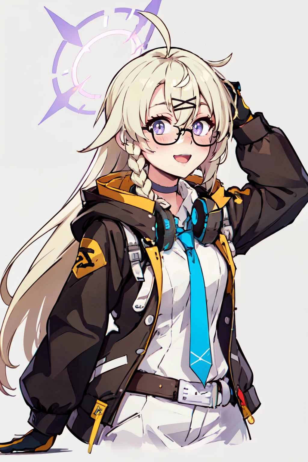 ((masterpiece,best quality)), absurdres,  BREAK, , <lora:Kotama_BlueArchive_Citron:0.8>, zzKotama, long_hair, glasses, halo, hair_ornament, purple_eyes, hairclip, black-framed_eyewear, ahoge, blonde_hair, purple_halo, braid, hair_between_eyes, x_hair_ornament, headphones, semi-rimless_eyewear, ponytail blue_necktie, 1girl, black_jacket, white_shirt, long_sleeves, solo, open_jacket, collared_shirt, looking_at_viewer, black_gloves, simple_background, single_braid, choker, hooded_jacket, blush, headphones_around_neck, white_background, hood_down, open_mouth, under-rim_eyewear, upper_body , BREAK, hip to the side, hand on hip, contrapposto,, BREAK, solo, smile, looking at viewer, cowboy shot,