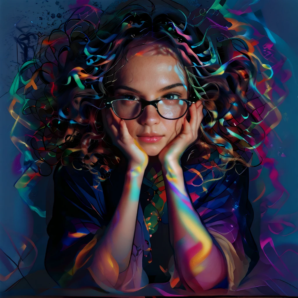 Score_9, score_8_up, score_7_up, cute, glasses, long_hair, curly, cute, librarian, vibrant_library, energetic_pose, bright_colors, fantasy_books_open, enchanted_aura, magical_glow_in_background, whimsical_bookshelves, floating_books, lively_and_friendly_mood