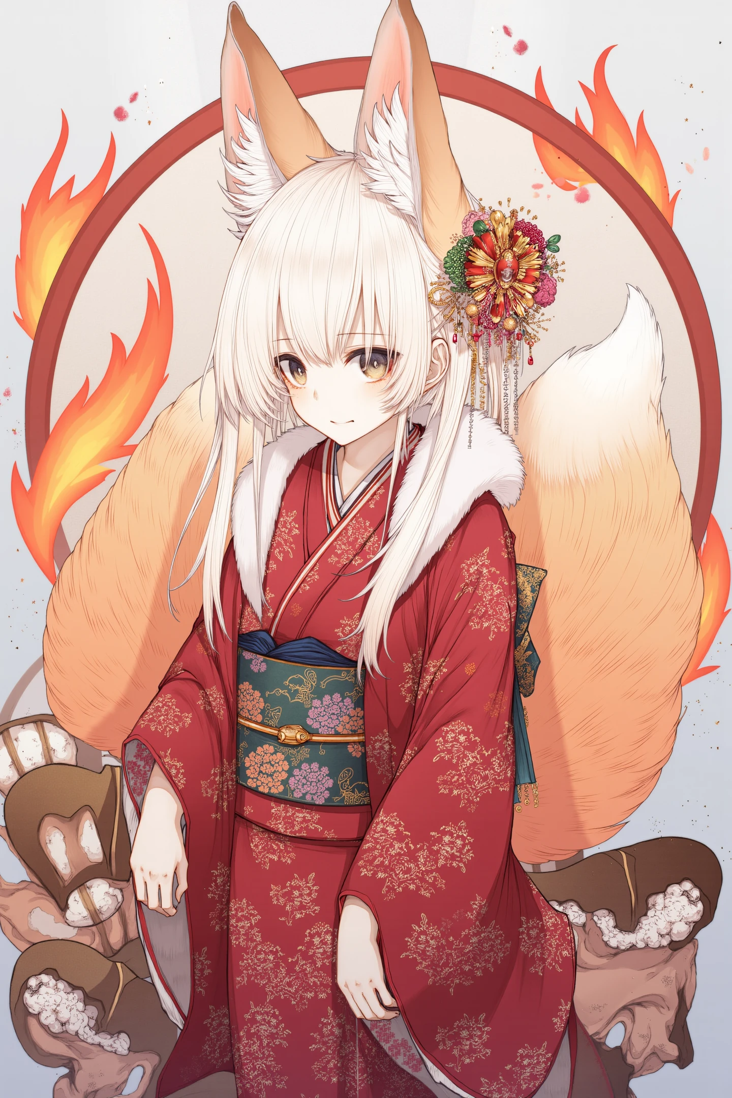 1girl,solo,animal ears,japanese clothes,traditional media,fox ears,kimono,fire,long hair,hair ornament,white hair,
<lora:Hito komoru_FLUX:1>,