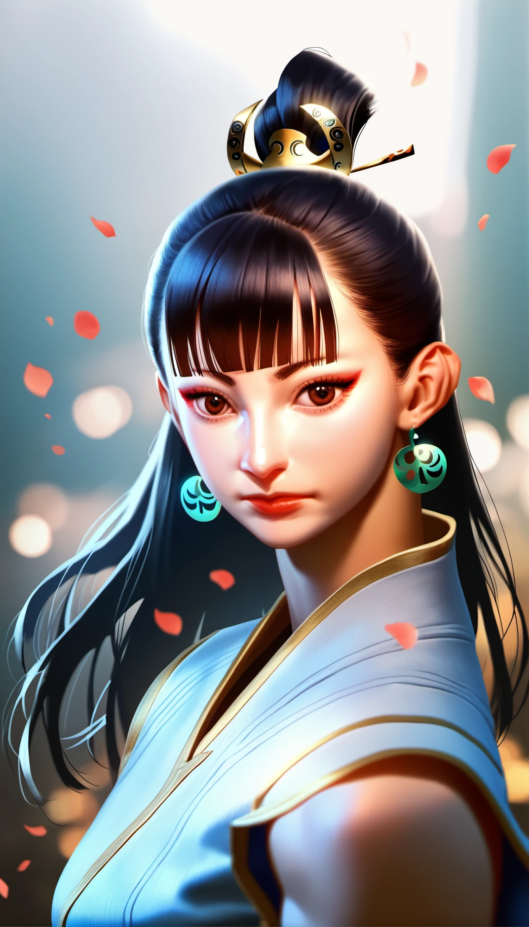 score_9,score_8_up,score_7_up,
<lora:chunli:0.9>,
sf6chunli,
realistic,
1girl,solo,black hair,(long hair:1.1),hair bun,bangs,hairclip,green earrings,brown eyes,looking at viewer,long white sleeveless robe,portrait,face focus,
blurry background,light particles,lens flare,bloom,simple background,falling petals,