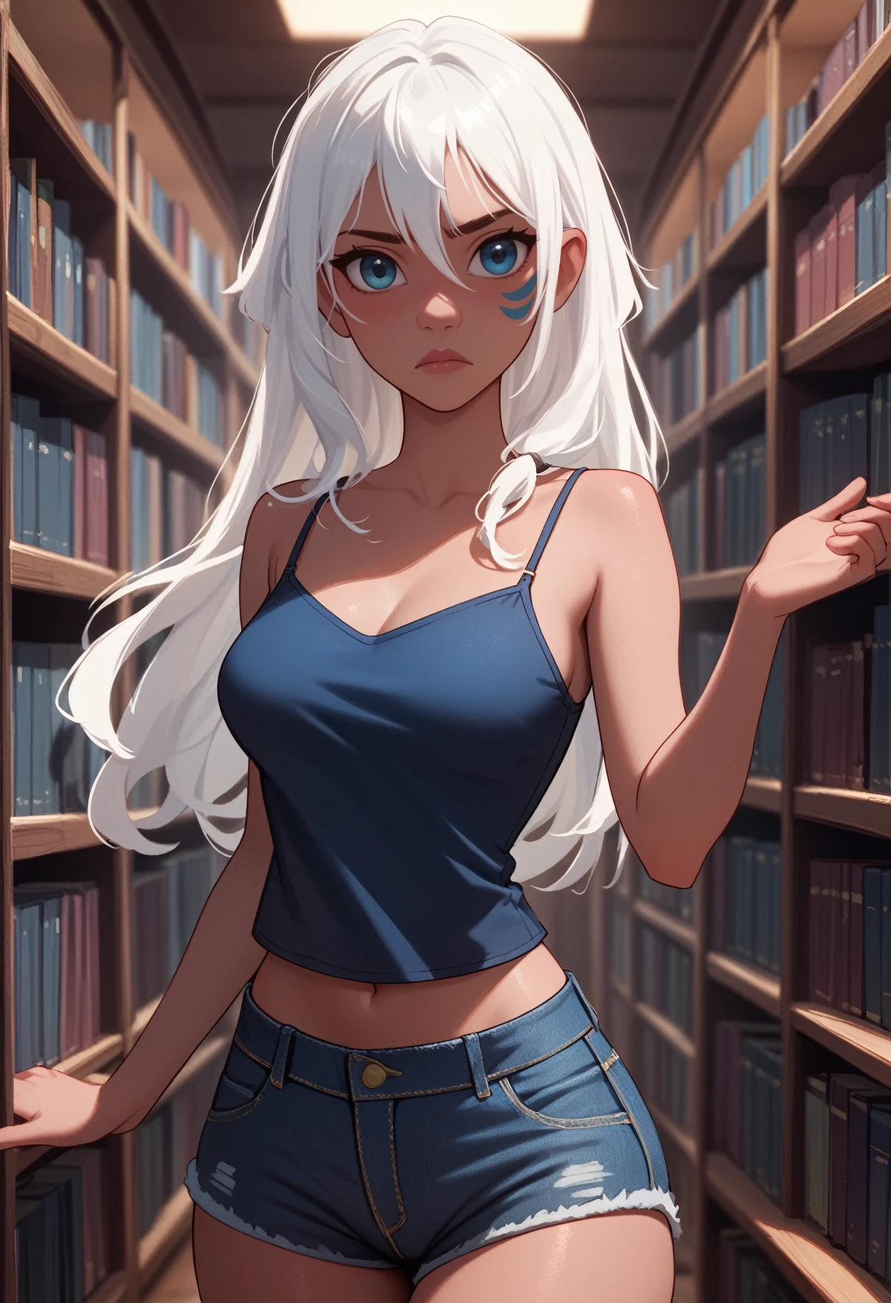 zPDXL3, score_9, score_8_up, score_7_up, score_6_up, score_5_up, score_4_up, 
1girl, solo, medium breasts, skindentation, thick thighs, 
scowl, outstretched arm,
camisole, denim shorts, 
library,
<lora:Atlantis - Kida v1:1> atkida, blue facial mark, white hair,