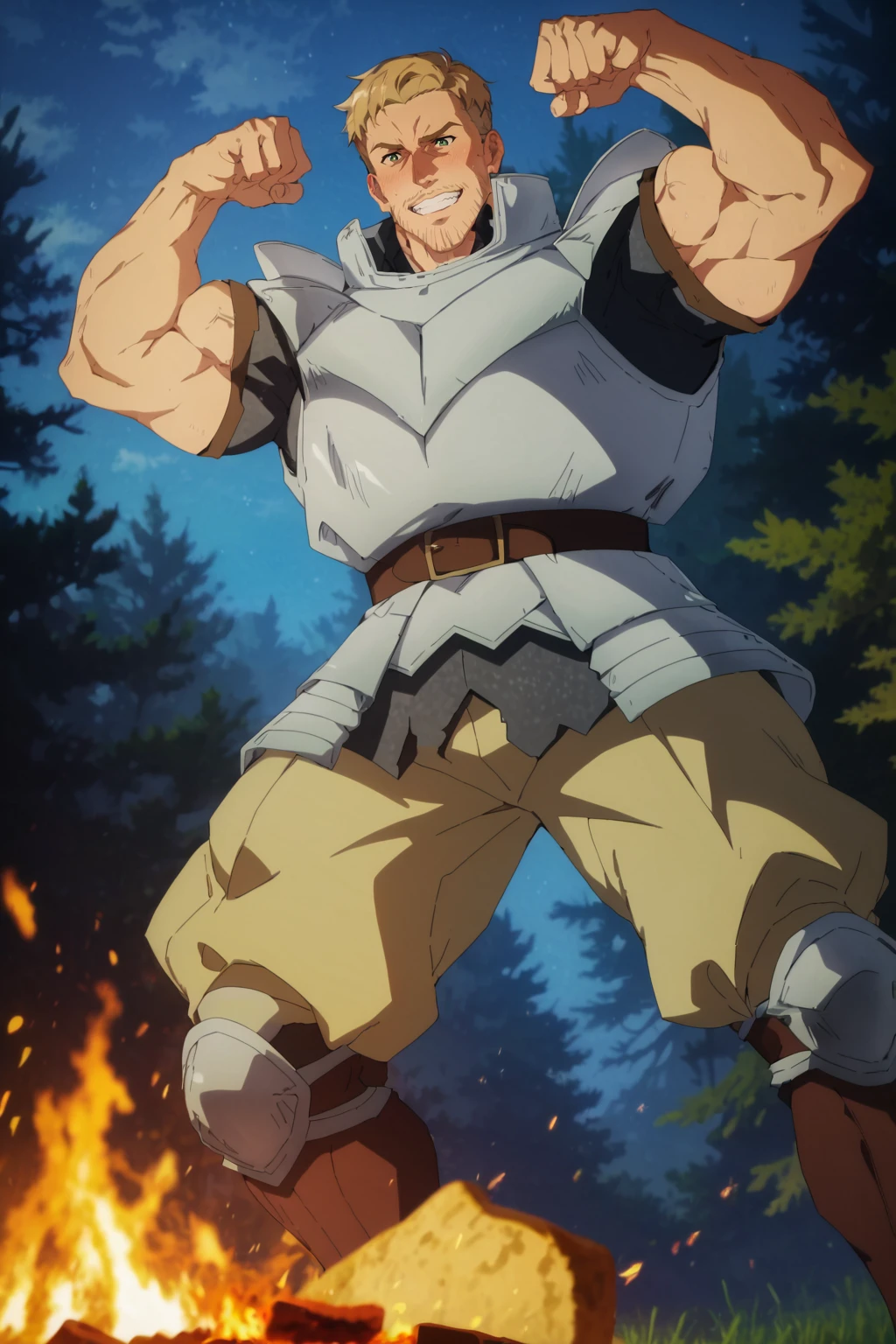 score_9,score_7_up,score_6_up,score_5_up,score_4_up, 1boy, solo, bara, muscular male, beard, blonde hair, green eyes, ear blush, nose blush, outdoors, narrow waist, grin, standing, from below, full body, belt, armor, flexing double biceps pose, perfect anatomy, perfect proportions, best quality, masterpiece, high_resolution, high quality, best aesthetic, incredibly absurdres, highres, extremely detailed, huge filesize, source_anime \(campfire cooking in another world with my absurd skill\), sharp shadows, direct lighting, vibrant colors, glow effect, bloom, edge color fringing, chromatic aberration, Werner from anime \(Campfire cooking in another world with my absurd skill\),  <lora:add-detail-xl:1>,  <lora:Anime Summer Days 2 Style SDXL_LoRA_Pony Diffusion V6 XL:0.8>,  <lora:Werner_-_Campfire_cooking_in_another_world_with_my_absurd_skill-vtest1:1>