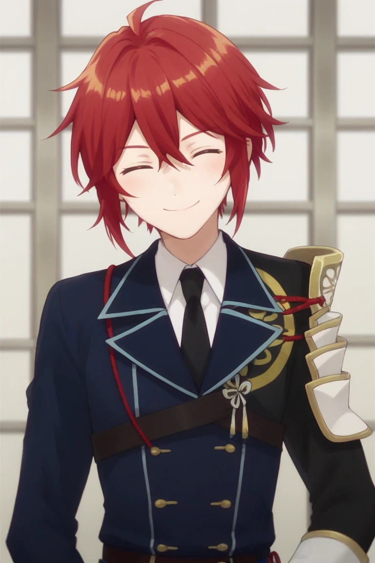 score_9, score_8_up, score_7_up, score_6_up, shinano toushirou, red hair, green eyes, hanamaru style, smile, necktie, closed eyes, male focus, military, uniform, military uniform, shoulder armor, sode, armor