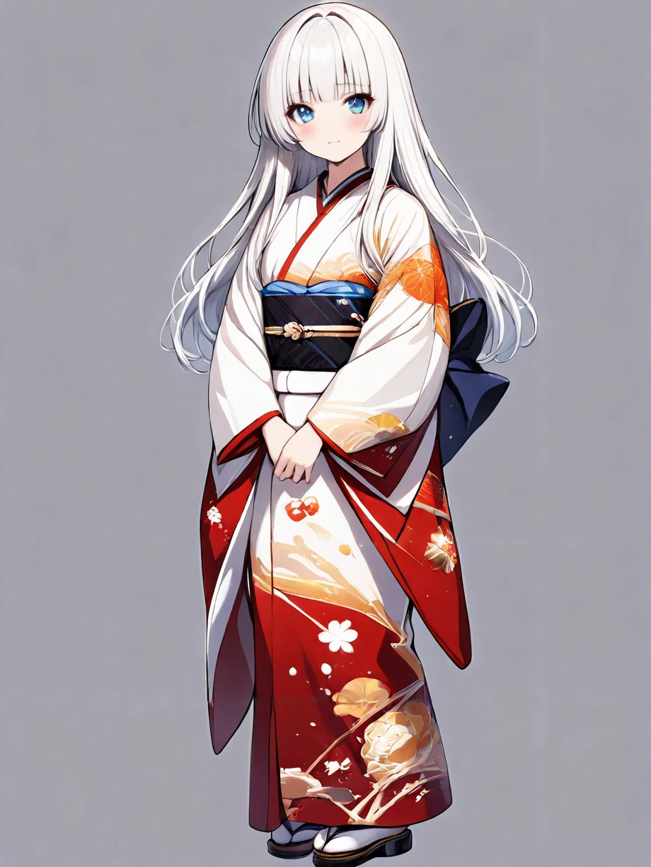 masterpiece,ultra-detailed,best quality,8K,illustration,CG,cute face,clean skin ,shiny hair,girl,middle breats,ultra-detailed-eyes,simple background,white hair, blue eyes ,kimono <lora:hime cut_XL_illustrious_V1.0:1> hime cut, long hair