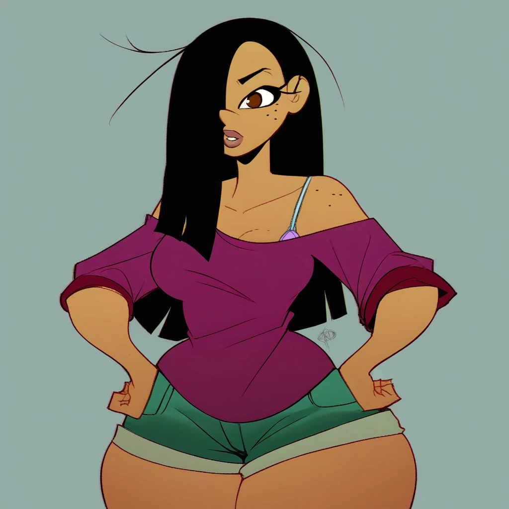 A beautiful woman sexy attractive shy nervous scared long curly hair yellow eye big eyelash black red lip wears black bra corset huge thigh plump shows navel and a thong lady black leg wide huge ears golden earrings