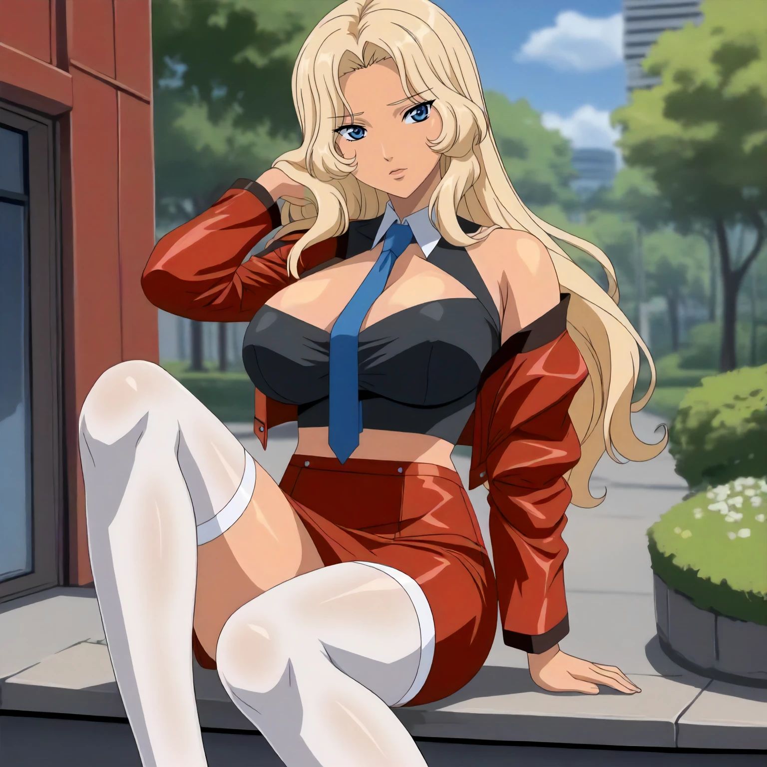 <lora:GSE_MiekoXLpony001>,
outdoors,
solo,
Mieko,1girl,blonde hair,long hair,blue eyes,tan,
large breasts,
cropped jacket,red jacket,one side off -shoulder,cleavage,black shirt,blue tie,
microscart,red skirt,
white thighhighs,