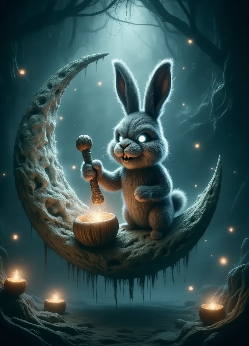 a mystical donmv00d00fx moon rabbit standing on a crescent moon shape in mid-air surrounded by glowing orbs of pure energy while pounding an ancient elixir of life with a delicate wooden mallet as gentle soft light shines down from above illuminating the serene atmosphere surrounding this mythical lunar creature