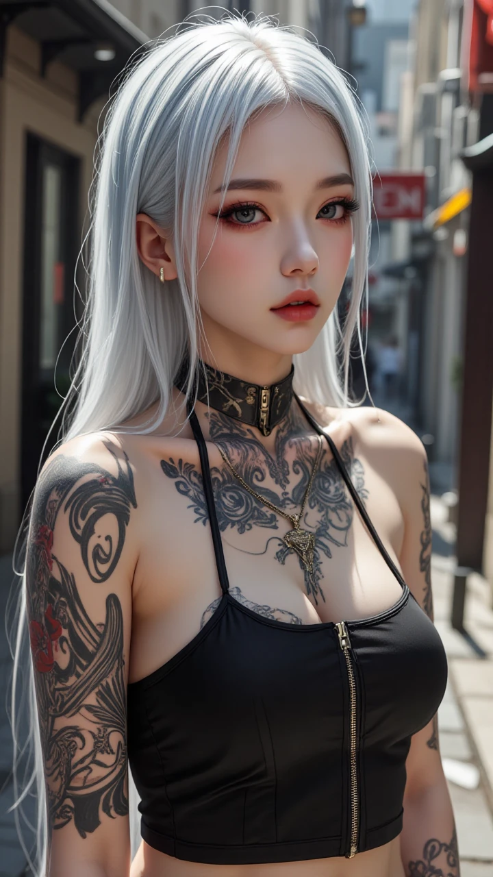 A photorealistic image of a woman,street wear,tattoo, white hair,zaiji