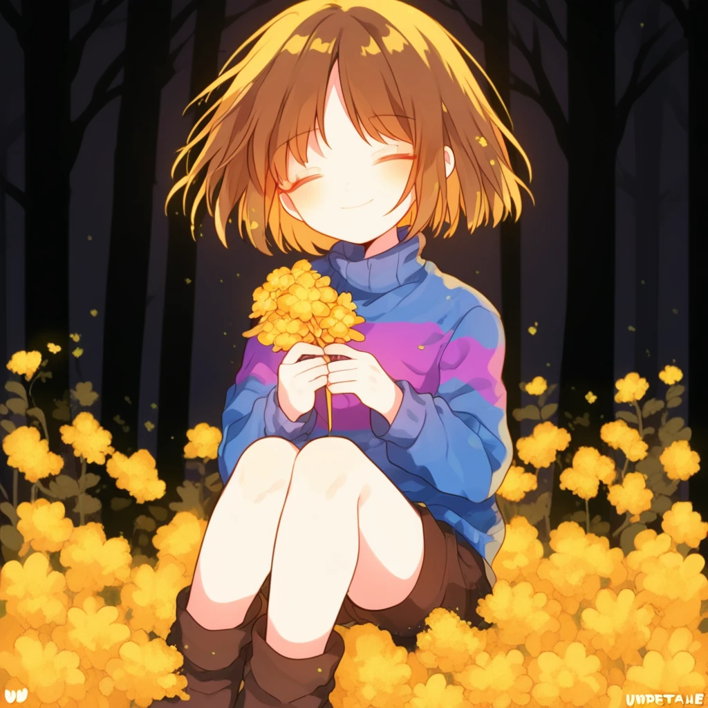 frisk (undertale), closed eyes, dark forest background, golden flower, holding flower, walk, text "UNDERTALE", sitting, smile