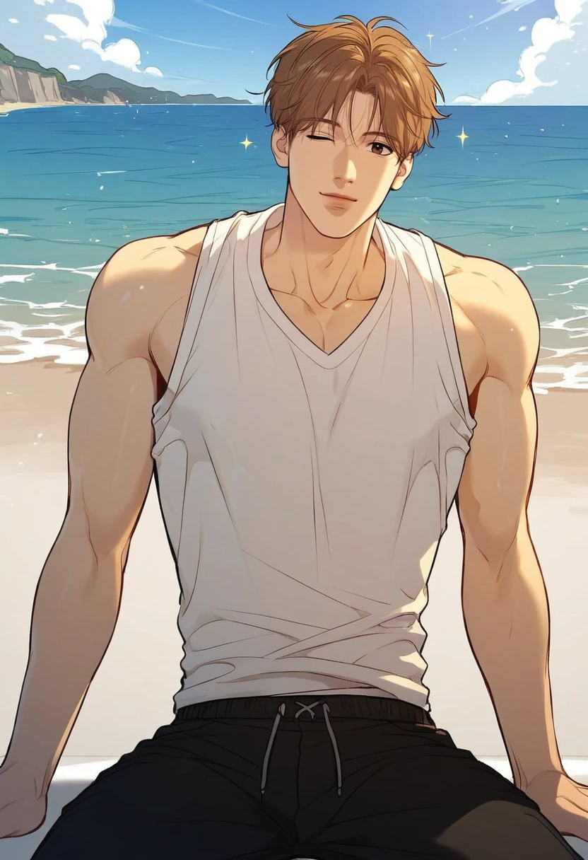(absurdres, highres, ultra detailed), masterpiece, best quality, a boy topless, short hair, finely eye and detailed face, muscular, beach, casual clothes, sunny sky and cloud,