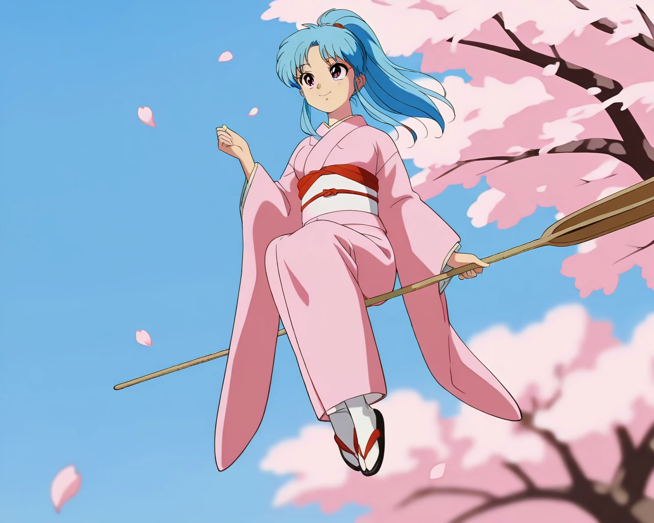 yuyubotan, blue hair, long_hair, ponytail, purple_eyes, parted_bangs, medium breasts, retro_artstyle, 1990s_\(style\), kimono, obi, long sleeves, wide sleeves,  smile, 
(oar_riding:1.2), sidesaddle,sky background, sitting oar, flying,full_body, 
shiny skin, outdoors, school, day_time, wind, cherry_blossoms, tree,  falling_petals,
<lora:yuyu_botan_Dora_rios_v10:1>