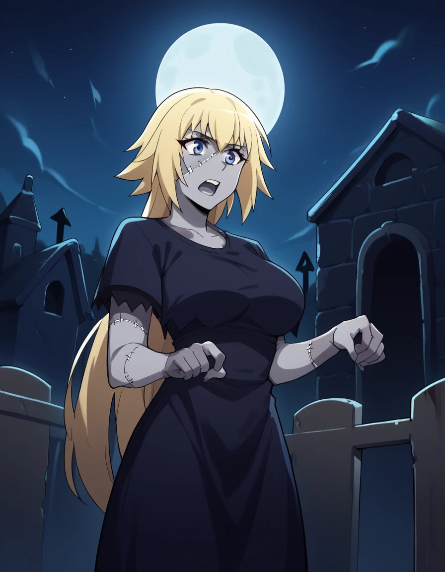 score_9, score_8_up, score_7_up, source_anime, <lora:jeanne-d-arc-apocrypha-s1-ponyxl-lora-nochekaiser:1>, jeanne d arc, blonde hair, blue eyes, long hair, large breasts,, <lora:zombie-ponyxl-lora-nochekaiser:1>, zombie, colored skin, stitches, grey skin, multicolored skin, stitched face, zombie pose, halloween, halloween costume,, night, moon, graveyard, tombstone, grave, open mouth, , dutch angle, cowboy shot