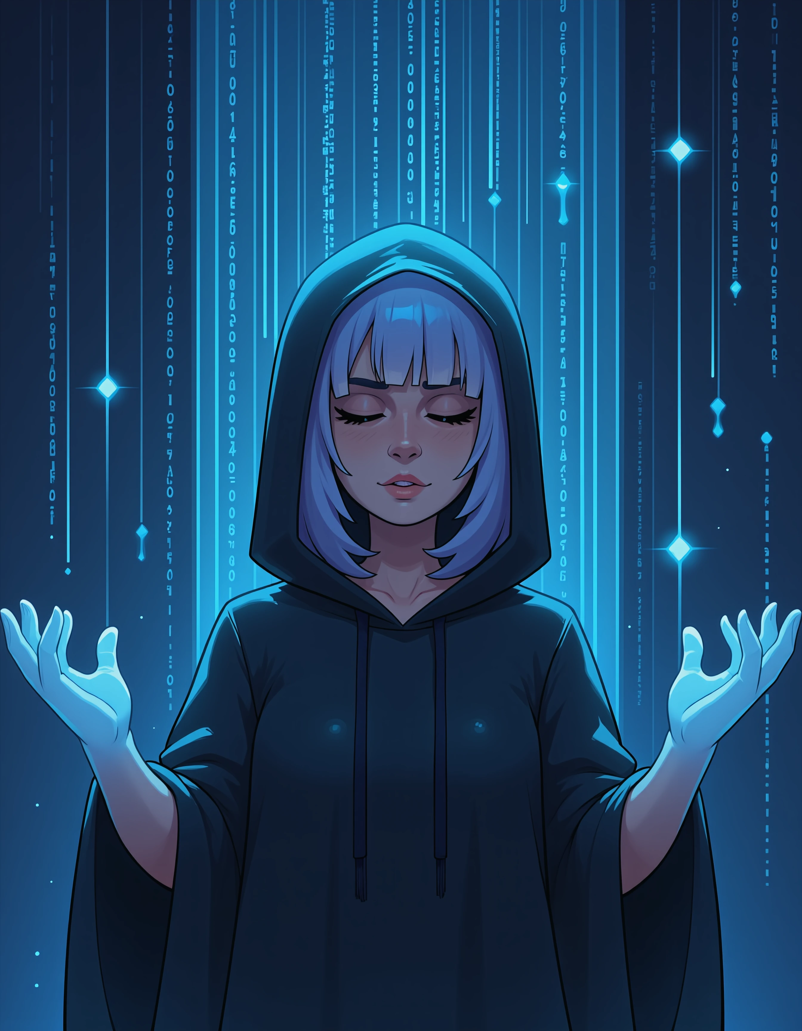 cflxcrtn3, cartoon,
Tech priestess, A hooded person with closed eyes, their white hair glowing in the dark, with blue binary code floating around in a digital world. her hands raised slightly, as if controlling or manipulating digital data.
 <lora:CFlux Cartoon 3:1>