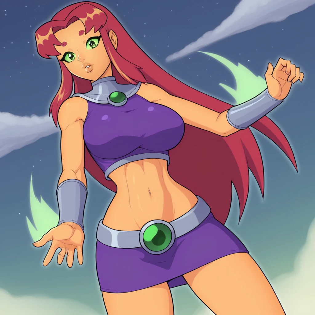 solo, looking at viewer, 1woman, cowboy shot, night sky, outdoors, flying, clouds, Starfire (teen titans), long red hair, green eyes, orange skin, green sclera, silver bracer, purple mini skirt, sleeveless, bare shoulders, purple crop top, midriff, navel, silver neckbrace, large breasts, large ass, lips, small nose, <lora:Varking:1> varking