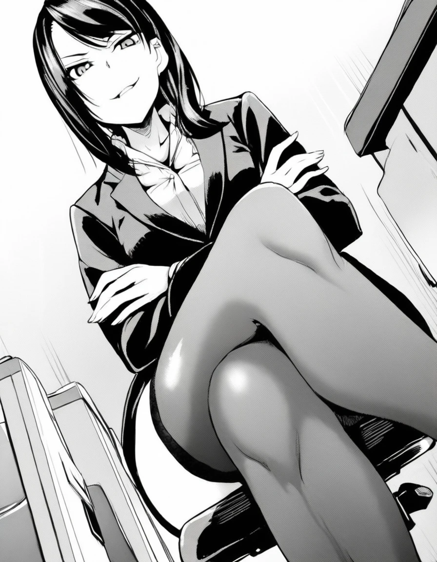 best quality, masterpiece,d4t3_styl3, 1girl, solo, office lady, swept bangs, crossed arms, black hair, sitting, thighhighs, crossed legs, smirk, dutch angle, chair, from below, greyscale, monochrome