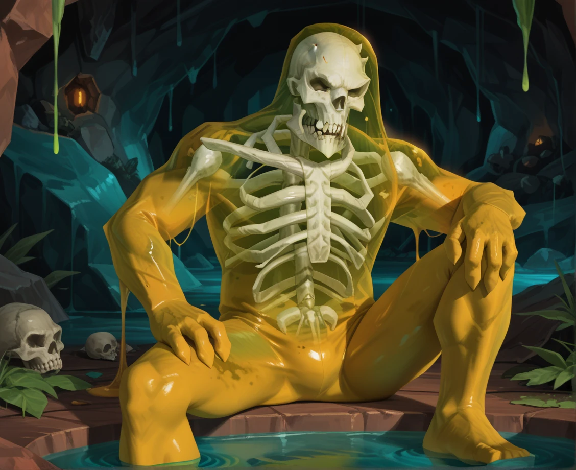 score_9_up,score_8_up,score_7_up,score_6_up,score_5_up,score_4_up, masterpiece, high quality, digital painting, source_anime, source_monster, BREAK,
cave, slime pool, sitting on edge, feet in slime, feet submerged, ((skull surrounded by slime)),
slim3, slim3 giant, slime, skull, skeleton surrounded by slime, monster, creature, bones, skeleton, slime, humanoid, anthro, ribs, sharp teeth, goo, made of slime, transparent, see-through, three fingers, pelvis, spine,
 <lora:Slime_Giant_for_PonyXL:0.8>, <lora:AdvancedEnhancerXLv2:4>