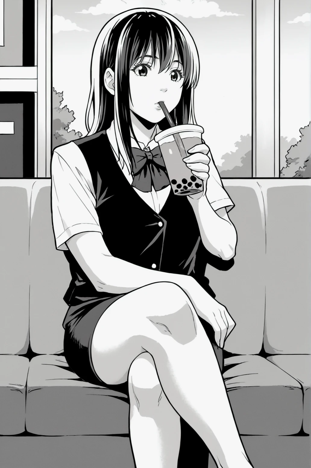 score_9, score_8_up, score_7_up, monochrome, manga_source, best background, detailed background, manga, greyscale   Keiko, bow, bowtie, cup, pencil skirt, plate, shirt, skirt, upskirt, vest, sitting, crossed legs, bubble tea, drinking, solo,  <lora:JN_Keiko:0.8>