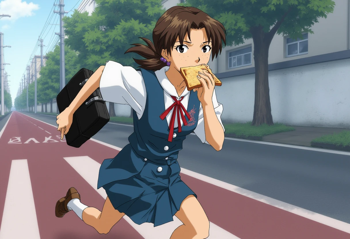 A detailed solo portrait of horaki hikari
Anime style, sharp, high contrast and highly detailed.,
<lora:evangelion_horaki_hikari_512_flux_v2_2-000020:1>,
She dressed in a school uniform with a tie and vest. She is running, holding a black briefcase in one hand while biting onto a slice of toast that is sticking out of their mouth. The dynamic pose, with one arm extended forward and the other holding the briefcase, conveys a sense of urgency, as if the character is late for school or in a hurry. She is running along city street. She isn't touching the toast by her hand.