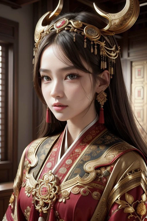 (high quality), (masterpiece), (detailed), 8K, Stunning hyper-realistic portrait of a woman in traditional Chinese attire, featuring (ox-themed1.2) embellishments. (Richly embroidered1.3) silk robes drape elegantly, showcasing (intricate patterns1.2) and (deep earthy tones1.2). (Ornate headdress1.3) with (ox-inspired1.2) details frames her face, enhancing her serene expression. (Warm lighting1.2) accentuates the texture of the fabric and her (subtle makeup1.2), creating a captivating cultural fusion.