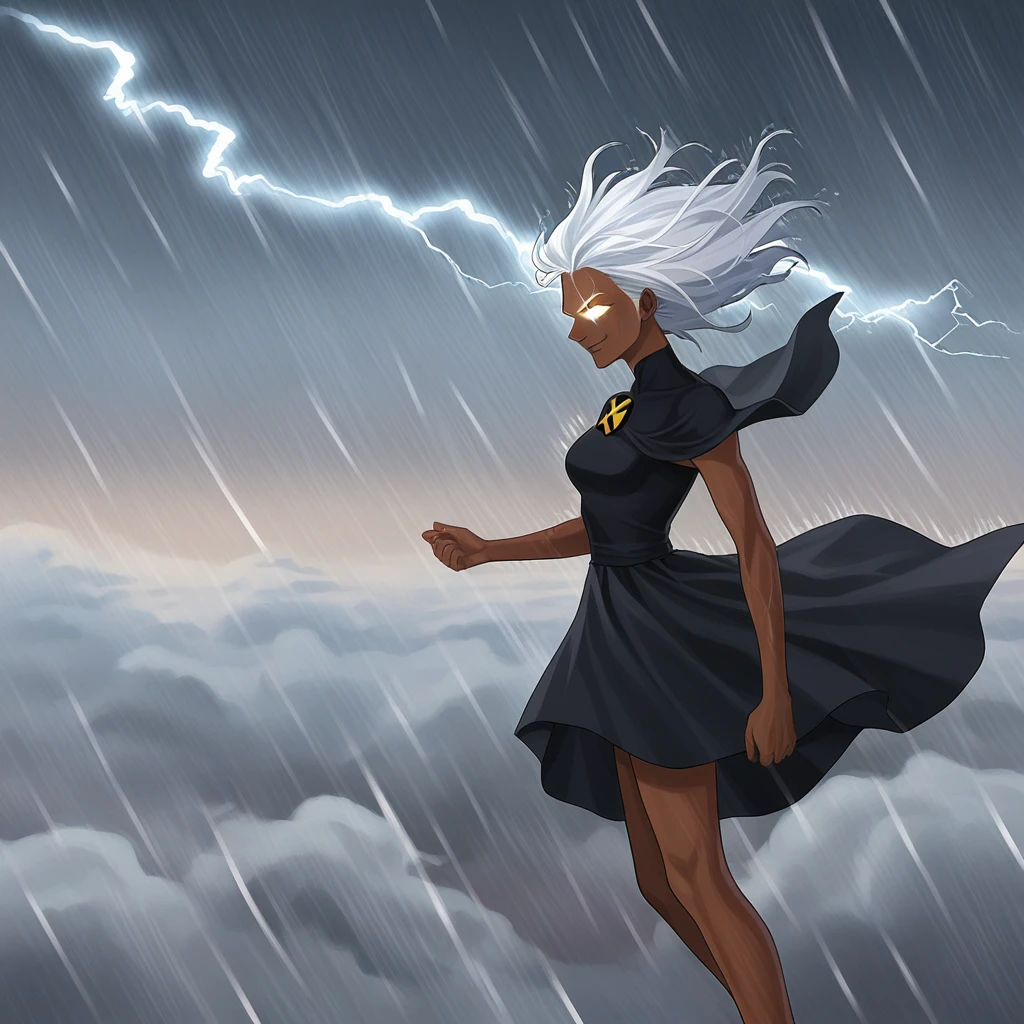 score_9, score_8_up, score_7_up, score_6_up, score_5_up, score_4_up, zPDXL2,source_anime,rating_questionable,1girl,Ororo Munroe, storm_(x-men), dark skinned woman, glowing eyes, white hair, floating, black dress, lightning, smirk, cowboy shot,  <lora:Above_Clouds:0.8> 4bov3cld, clouds, sky, raining, storm, winds, cloud,