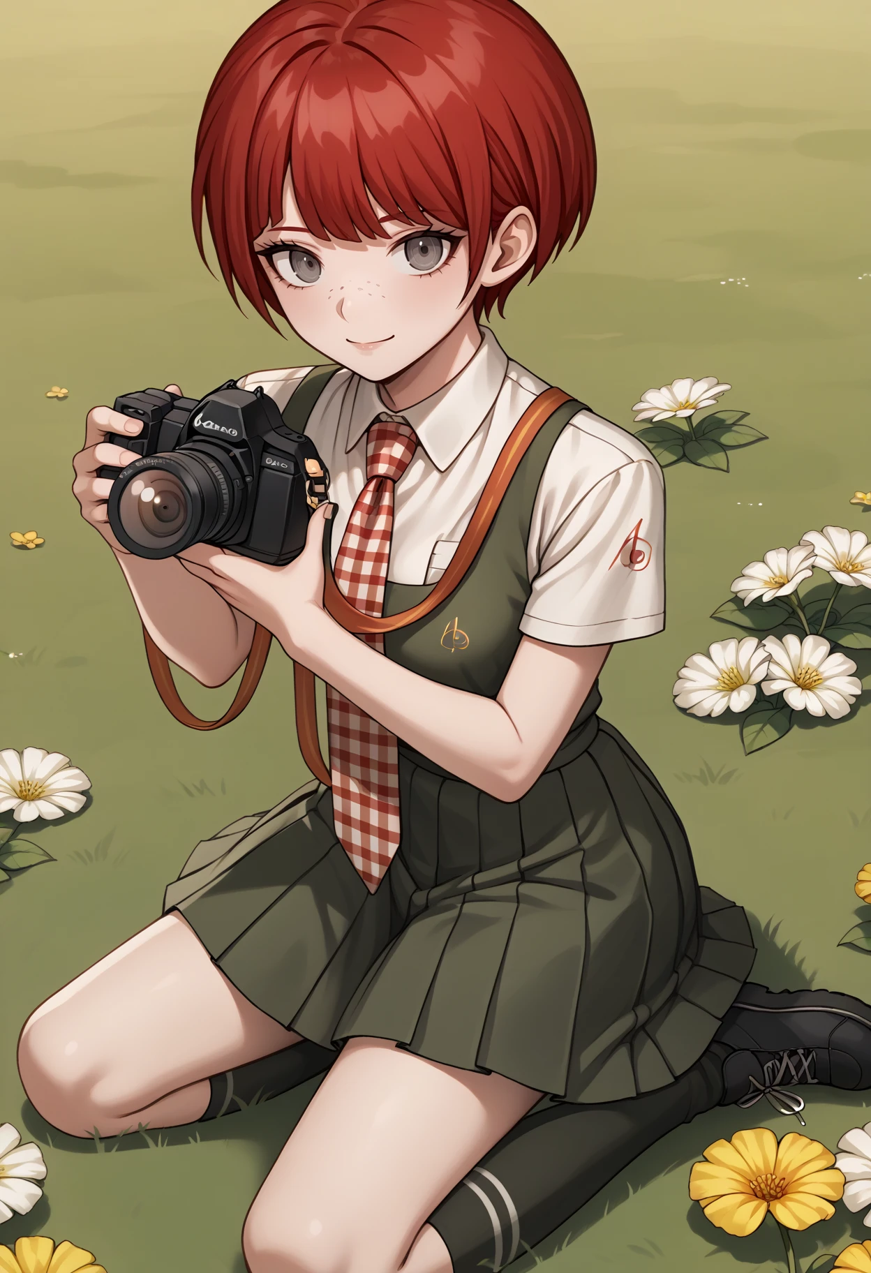 score_9, score_7_up, source_anime, 1girl, kneeling, smile, looking at viewer, holding camera, shoulder strap, <lora:MahiruDR-pdxl:1> defMahi, red hair, short hair, grey eyes, freckles, plaid necktie, white shirt, collared shirt, short sleeves, green pinafore dress, medium breasts, pleated skirt, black socks, shoes, black footwear, grass, flowers, field