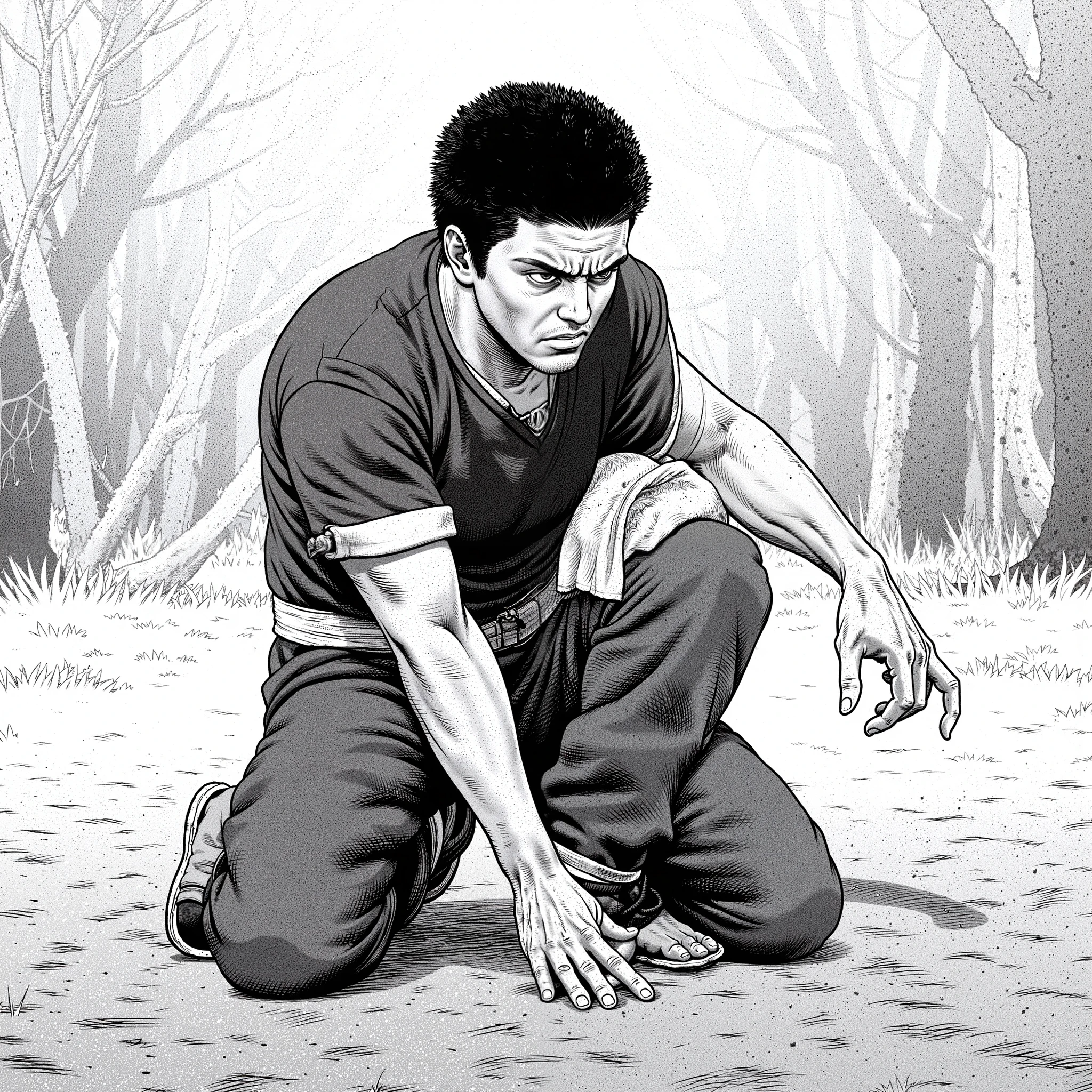 m4kyuk1, monochrome manga styled image, a heavily wounded man kneeling and looking at the ground angrily.