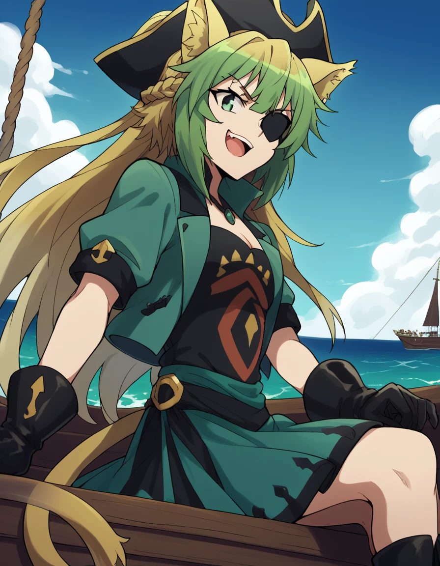 score_9, score_8_up, score_7_up, source_anime, <lora:atalanta-apocrypha-s1-ponyxl-lora-nochekaiser:1>, atalanta, animal ears, blonde hair, cat ears, cat girl, cat tail, green eyes, green hair, hair between eyes, long hair, multicolored hair, tail, medium breasts,, <lora:pirate-costume-ponyxl-lora-nochekaiser:1>, pirate costume, pirate hat, skirt, gloves, jacket, shirt, eyepatch,, blue sky, sea, ocean, pirate ship, treasure, gold, smug, open mouth, from below, sitting,, , dutch angle, cowboy shot