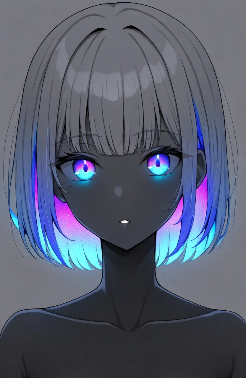 (Score_9,  score_8, score_6, score_7:0.6), masterpiece, best quality, good quality, newest, upper body, 1girl, solo, short hair, grey hair, parted lips, looking at viewer, glowing inner hair, rainbow inner hair, rainbow eyes, multicolored hair, portrait, grey background, bangs, dark,  collarbone, upper body, simple background, monochrome, <lora:Glowing_Spot_Color_-_Illustrious:1>âââ