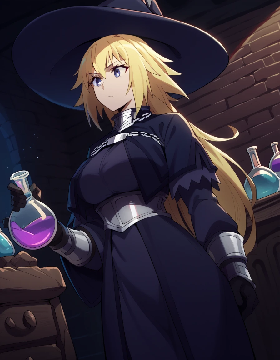 score_9, score_8_up, score_7_up, source_anime, <lora:jeanne-d-arc-apocrypha-s1-ponyxl-lora-nochekaiser:1>, jeanne d arc, blonde hair, blue eyes, long hair, large breasts,, <lora:wizard-ponyxl-lora-nochekaiser:1>, wizard, wizard hat, robe, dress, long sleeves, gloves,, indoors, bricks, potion, flask, vial,, cowboy shot,, , dutch angle, cowboy shot